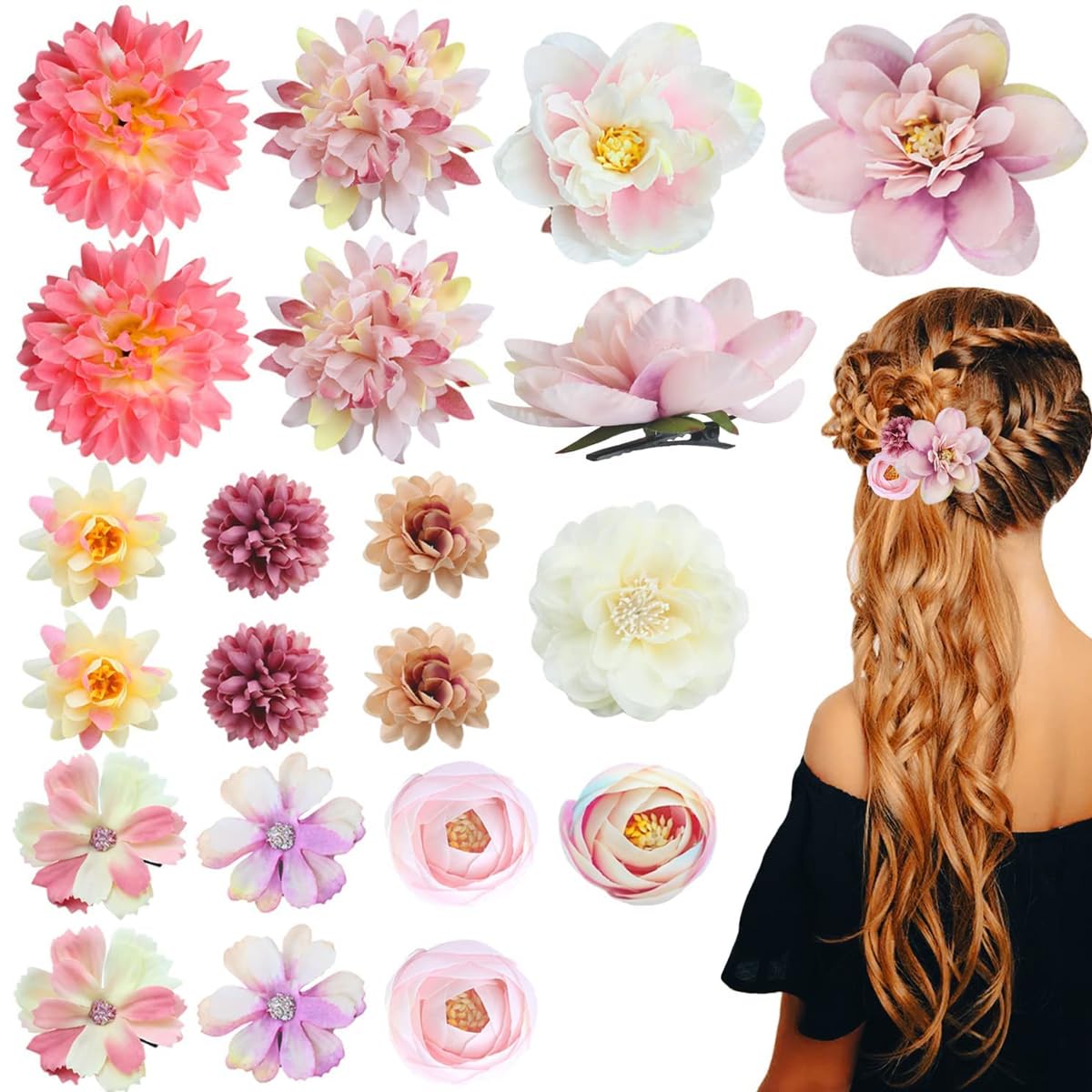 PALAY 21pcs Artificial Flower Hair Clips for Women, Chiffon Floral Hair Barrettes for Girls, Boho Assorted Headpiece Brooch Pin, Bridal Hair Accessories for Wedding Party Photography Gift PALAY 21pcs Artificial Flower Hair Clips for Women, Chiffon Floral Hair Barrettes for Girls, Boho Assorted Headpiece Brooch Pin, Bridal Hair Accessories for Wedding Party Photography Gift